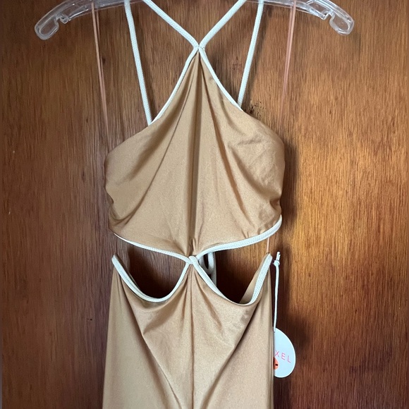 Sexy Tan Jumpsuit wide palazzo, halter rope tie, cutouts, 70s Disco festival NWT - Picture 2 of 10